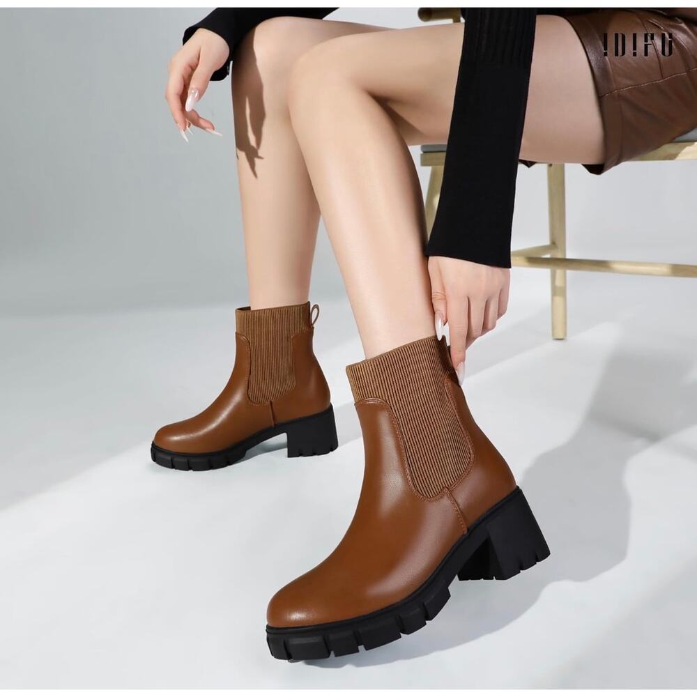 IDIFU Women's Brown Chelsea Slip On Platform Ankle Boots with Chunky Block Heel